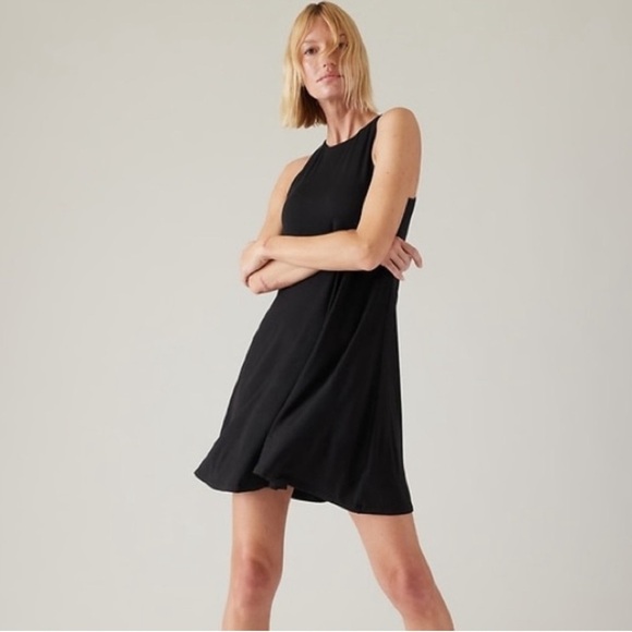 Athleta Santorini Thera soft stretchy jersey knit modal black dress Large LBD - Picture 1 of 6